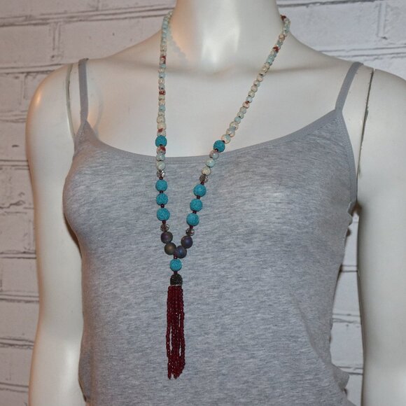 Vintagejelyfish Jewelry - Beautiful natural stone necklace with beautiful beads and tassel 30"